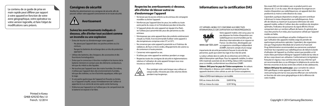 Samsung SM-G360FHAAVGF Consignes de sécurité, Informations sur la certification DAS, Valeurs DAS maximales pour ce modèle 