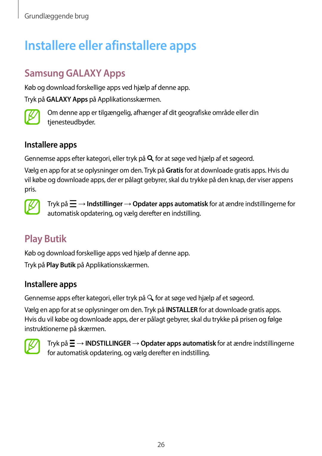 Samsung SM-G360FZSANEE manual Installere eller afinstallere apps, Samsung Galaxy Apps, Play Butik, Installere apps 