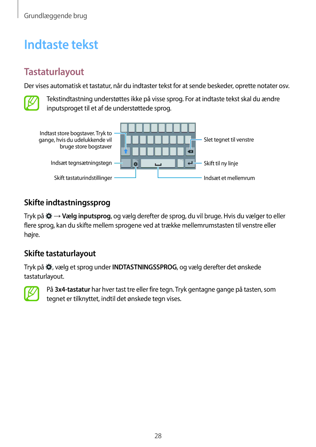 Samsung SM-G360FHAANEE, SM-G360FZWANEE Indtaste tekst, Tastaturlayout, Skifte indtastningssprog, Skifte tastaturlayout 