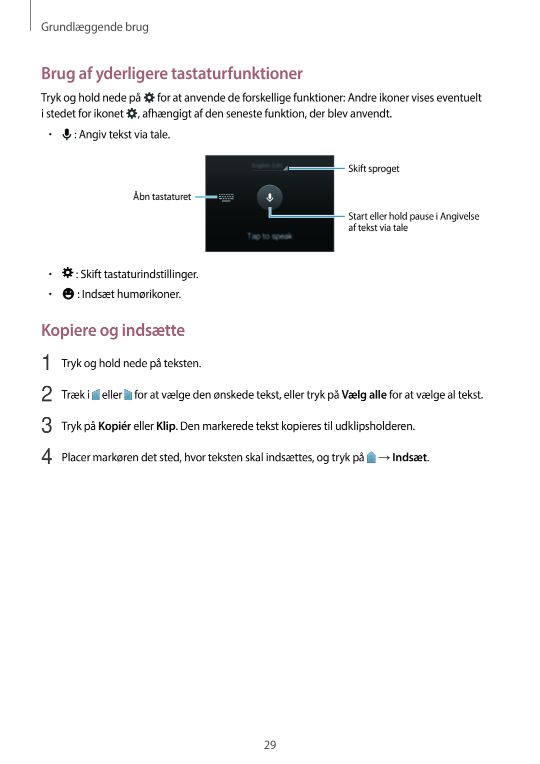 Samsung SM-G360FZSANEE, SM-G360FZWANEE, SM-G360FHAANEE manual Brug af yderligere tastaturfunktioner, Kopiere og indsætte 