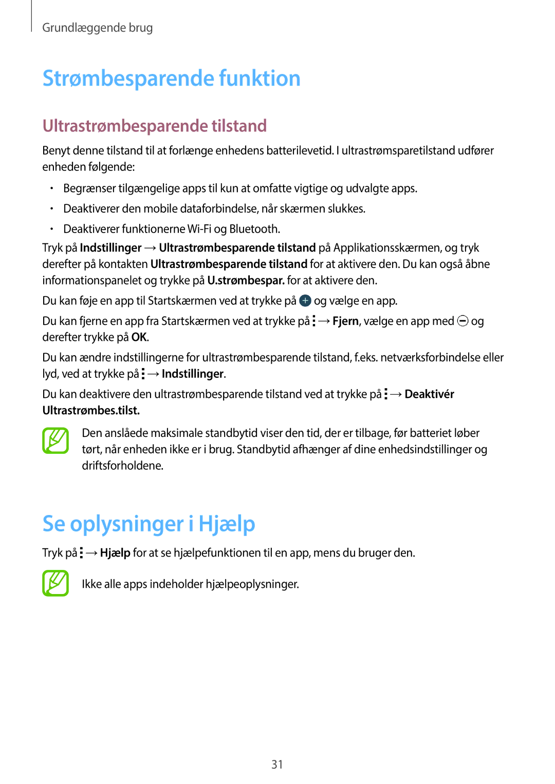 Samsung SM-G360FHAANEE, SM-G360FZWANEE Strømbesparende funktion, Se oplysninger i Hjælp, Ultrastrømbesparende tilstand 