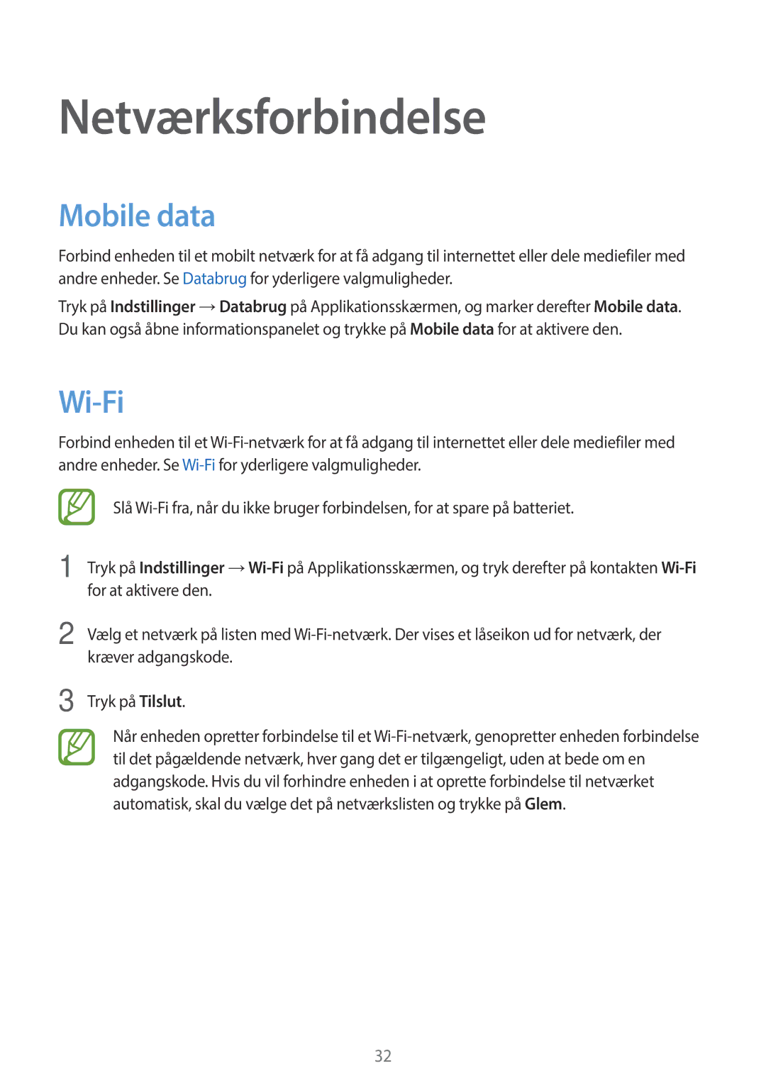 Samsung SM-G360FZSANEE, SM-G360FZWANEE, SM-G360FHAANEE manual Netværksforbindelse, Mobile data, Wi-Fi 