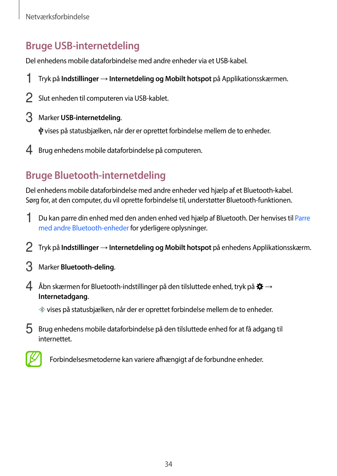 Samsung SM-G360FHAANEE, SM-G360FZWANEE Bruge USB-internetdeling, Bruge Bluetooth-internetdeling, Marker USB-internetdeling 