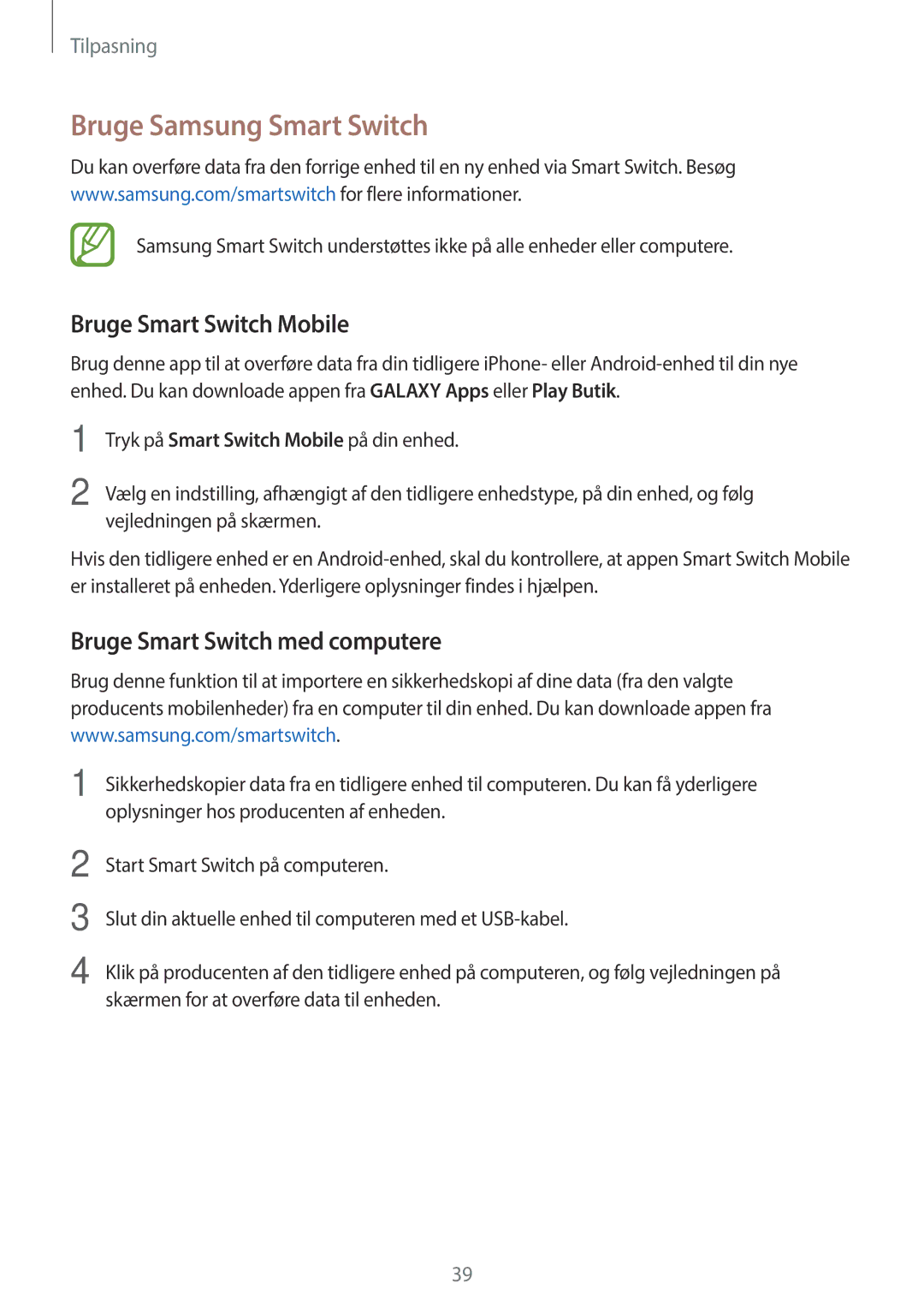 Samsung SM-G360FZWANEE manual Bruge Samsung Smart Switch, Bruge Smart Switch Mobile, Bruge Smart Switch med computere 