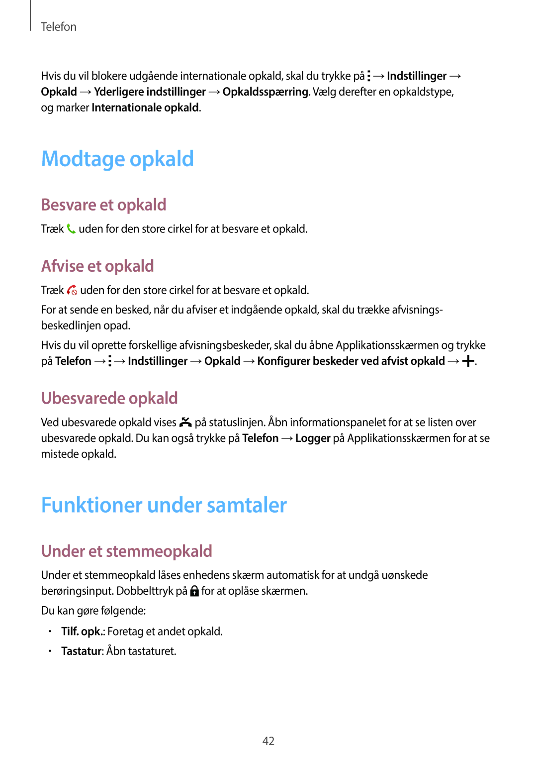 Samsung SM-G360FZWANEE, SM-G360FHAANEE, SM-G360FZSANEE manual Modtage opkald, Funktioner under samtaler 