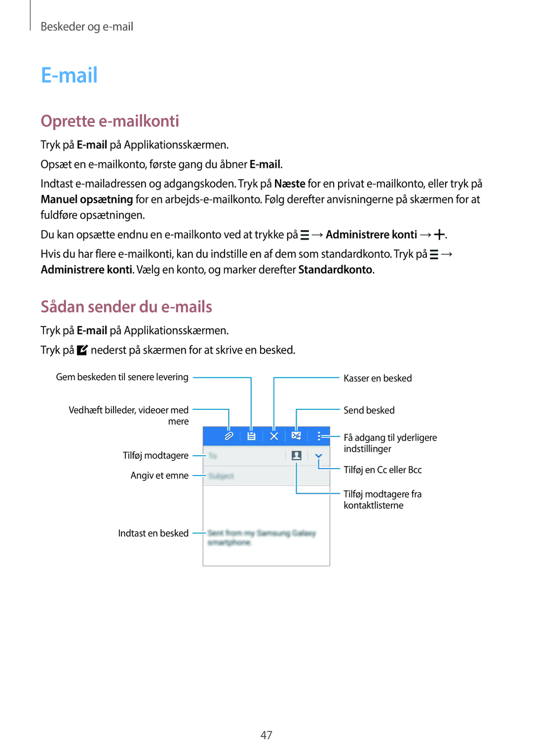 Samsung SM-G360FZSANEE, SM-G360FZWANEE, SM-G360FHAANEE manual Mail, Oprette e-mailkonti, Sådan sender du e-mails 