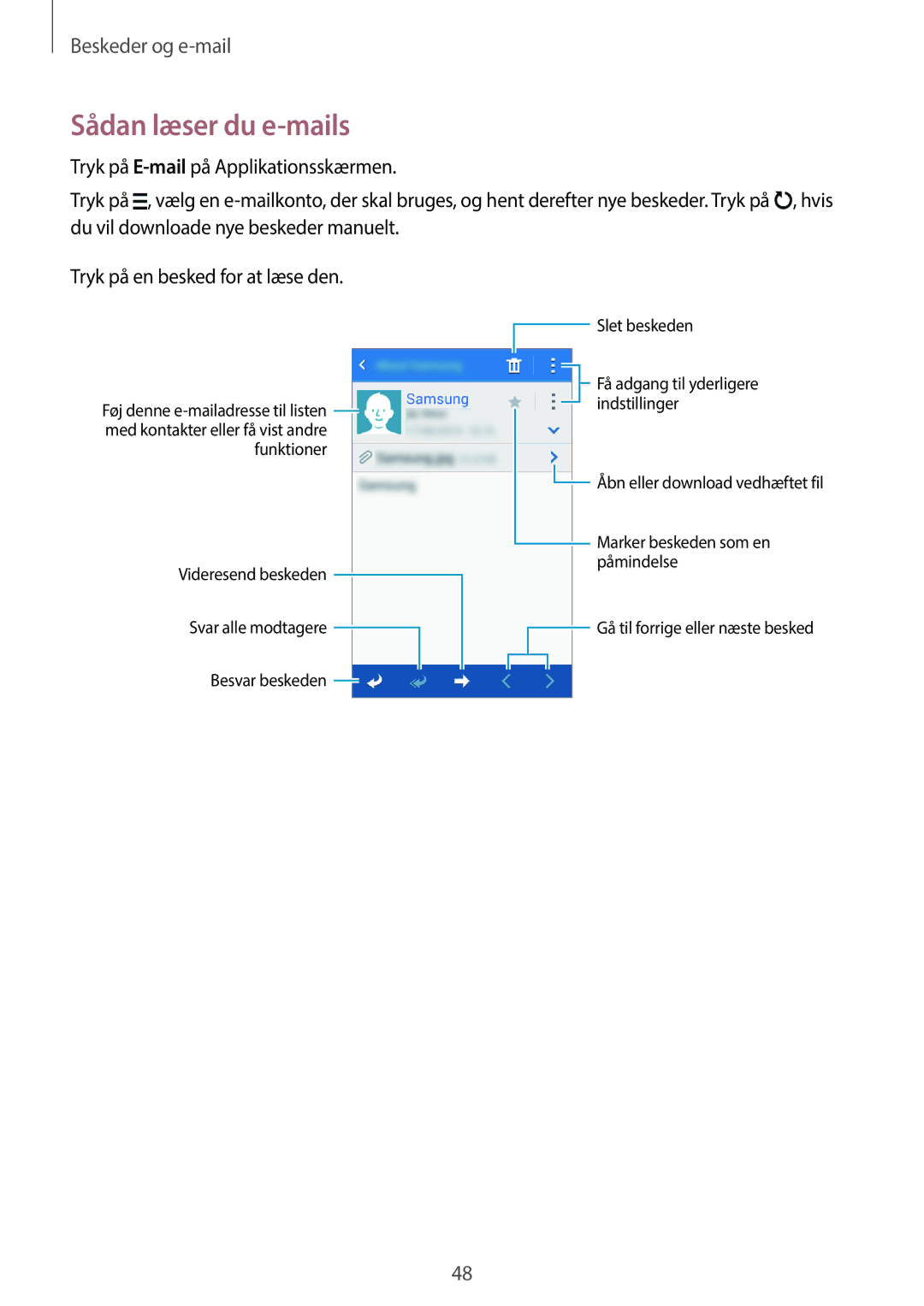 Samsung SM-G360FZWANEE, SM-G360FHAANEE, SM-G360FZSANEE manual Sådan læser du e-mails 