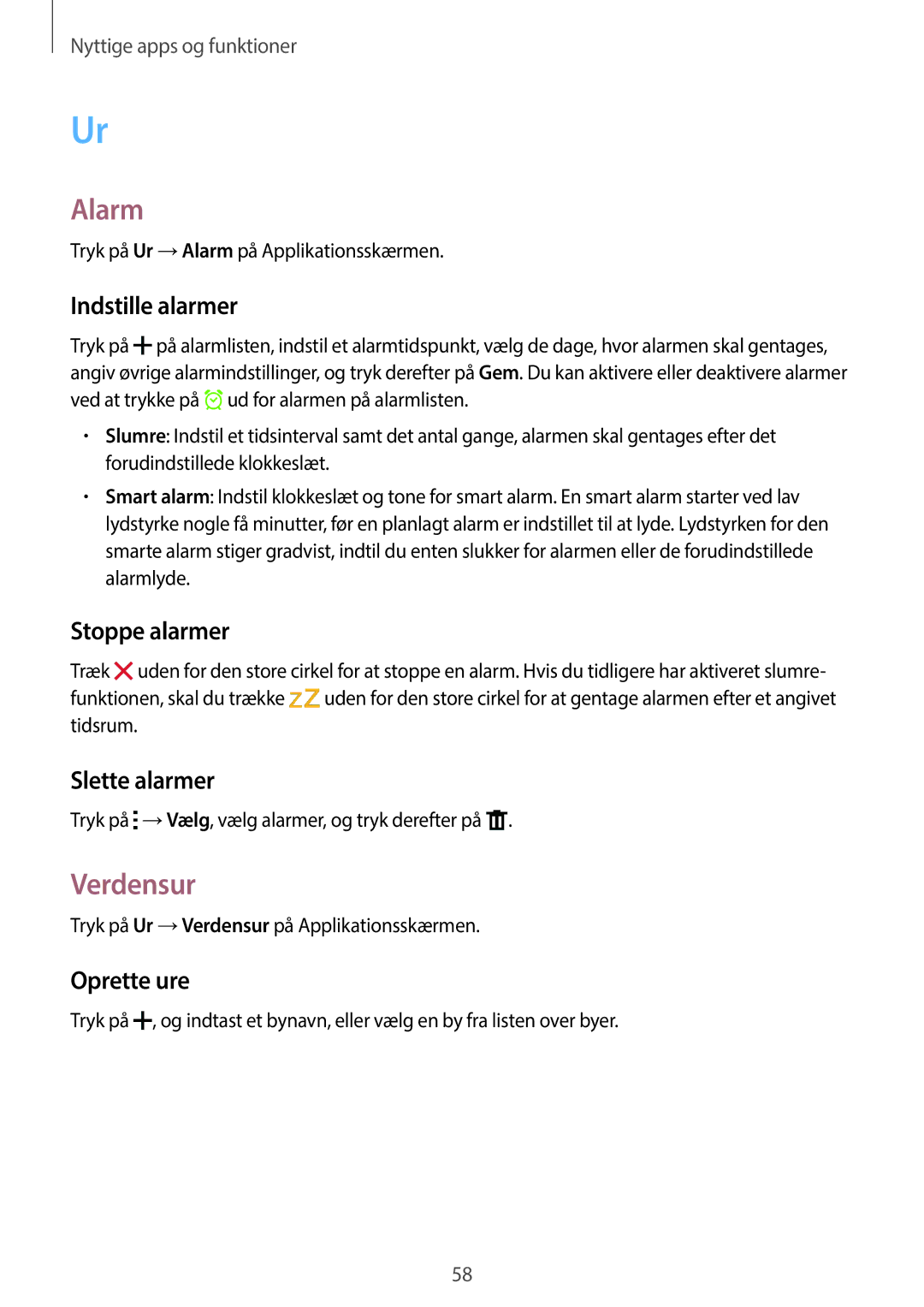 Samsung SM-G360FHAANEE, SM-G360FZWANEE, SM-G360FZSANEE manual Alarm, Verdensur 