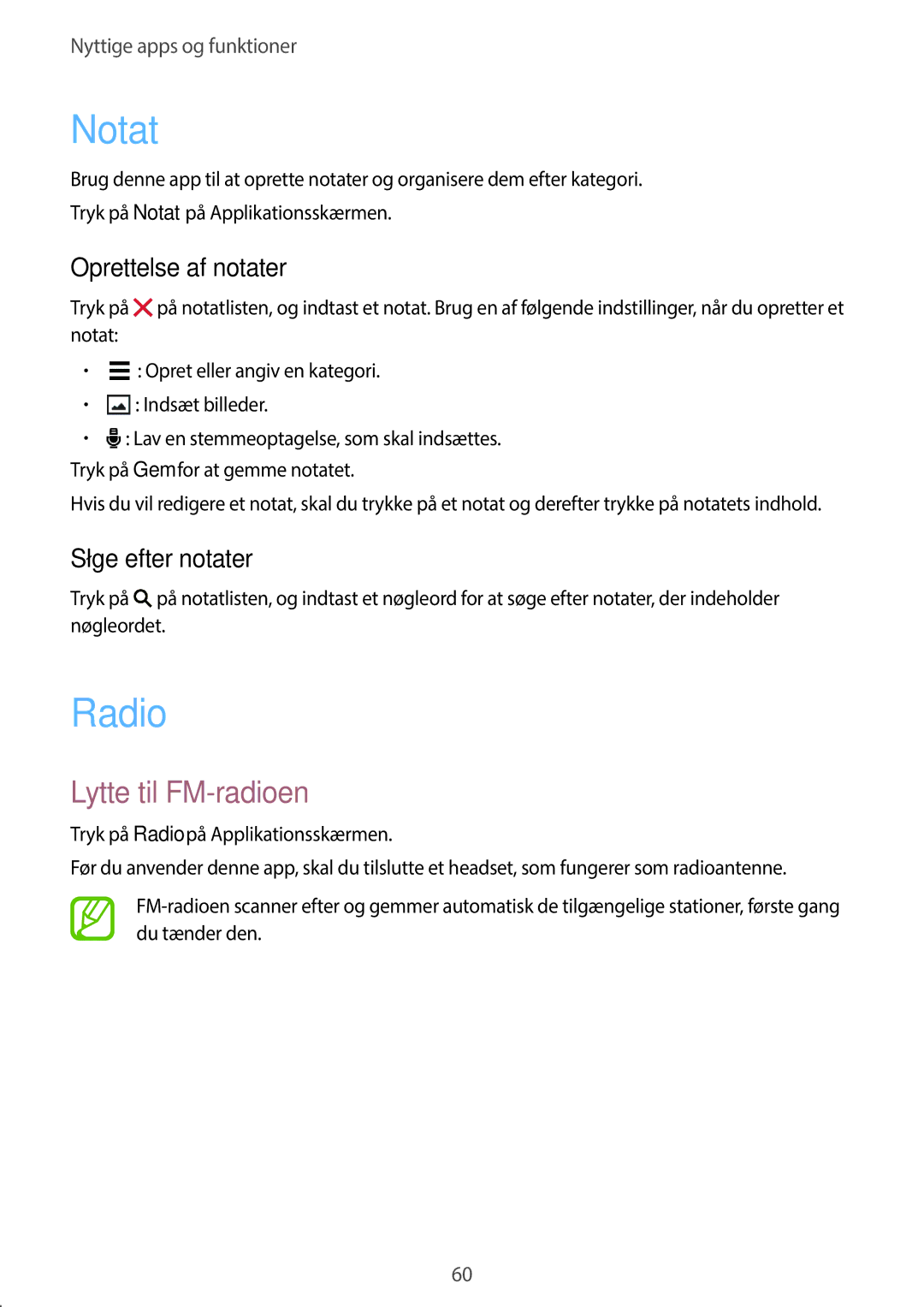 Samsung SM-G360FZWANEE, SM-G360FHAANEE manual Notat, Radio, Lytte til FM-radioen, Oprettelse af notater, Søge efter notater 