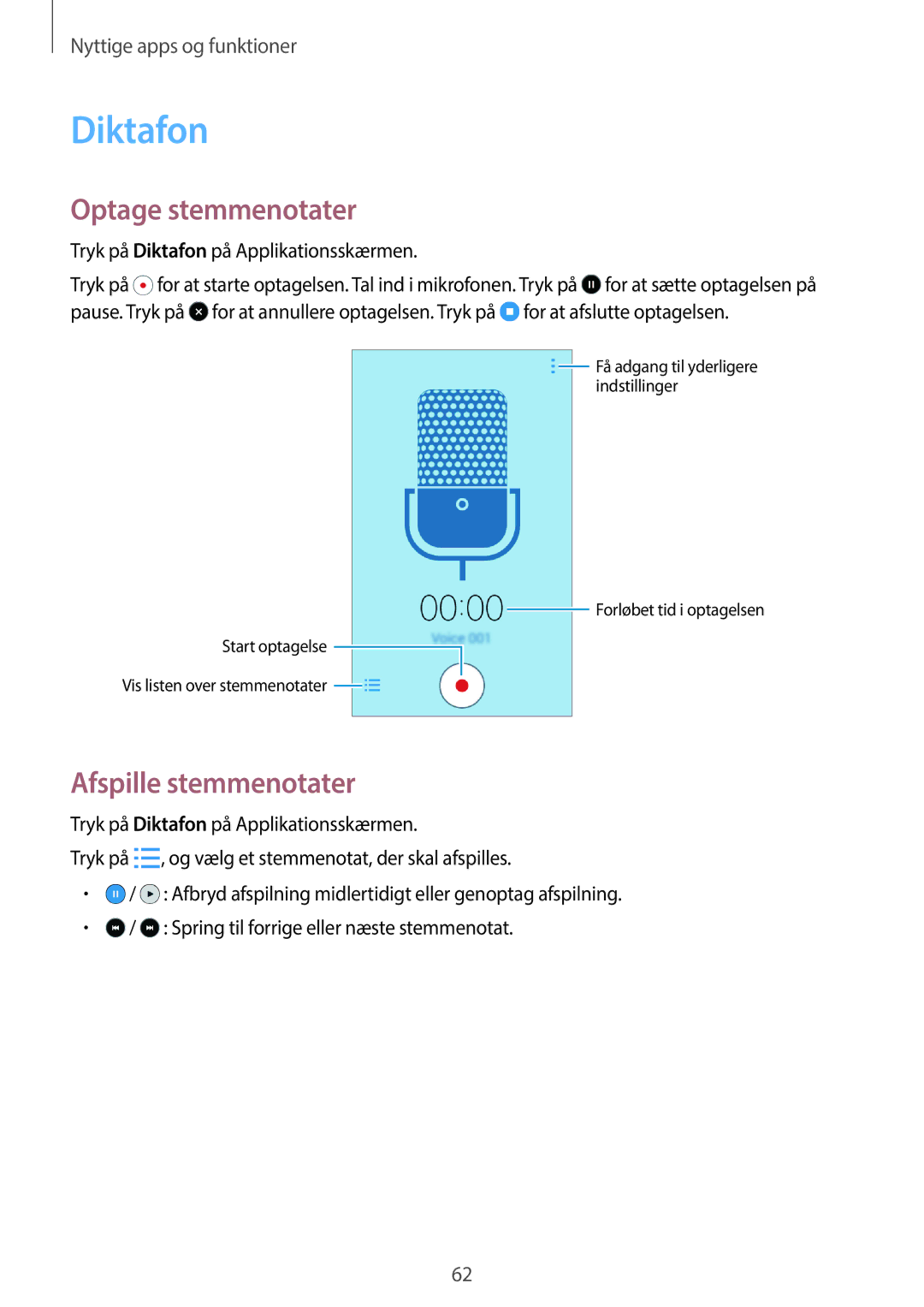 Samsung SM-G360FZSANEE, SM-G360FZWANEE, SM-G360FHAANEE manual Diktafon, Optage stemmenotater, Afspille stemmenotater 