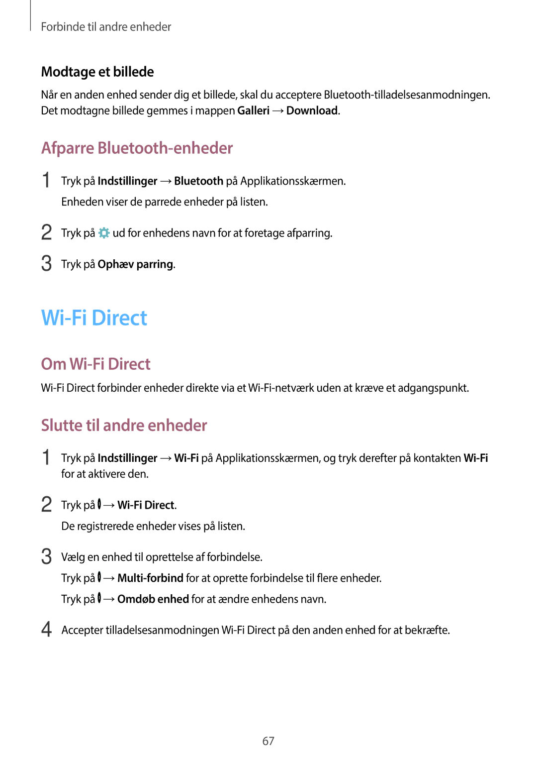 Samsung SM-G360FHAANEE manual Afparre Bluetooth-enheder, Om Wi-Fi Direct, Slutte til andre enheder, Modtage et billede 