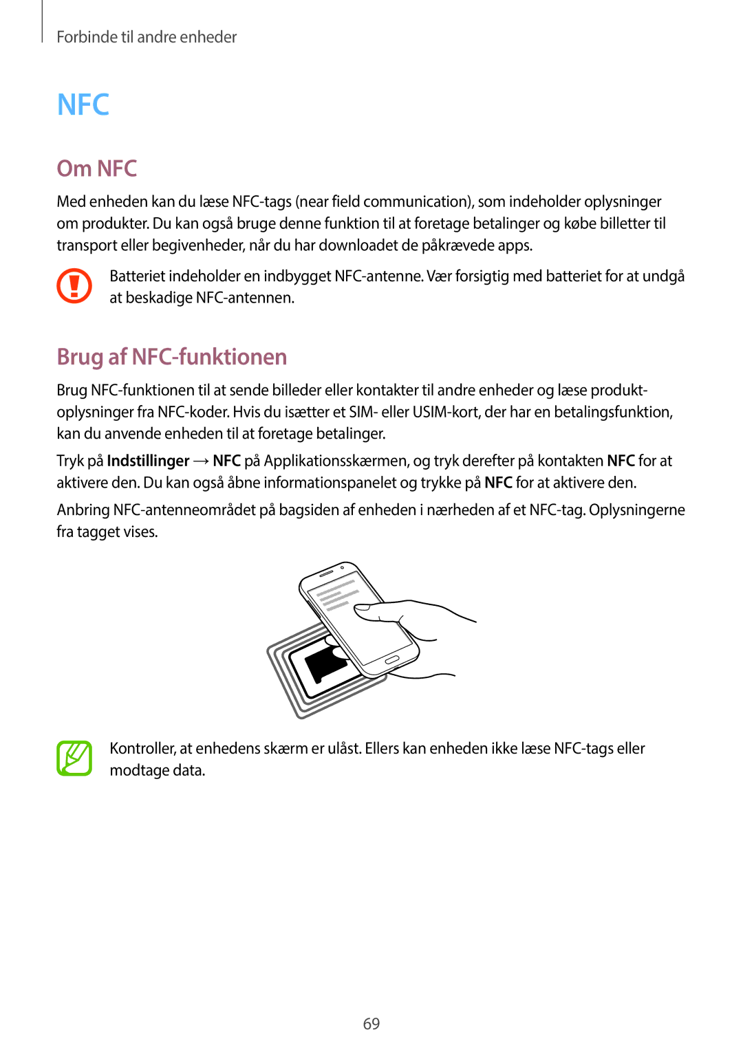 Samsung SM-G360FZWANEE, SM-G360FHAANEE, SM-G360FZSANEE manual Om NFC, Brug af NFC-funktionen 