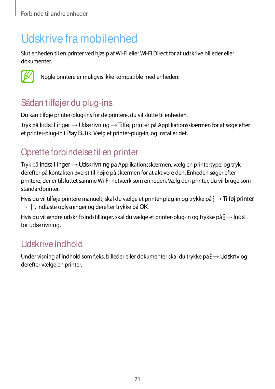 Samsung SM-G360FZSANEE manual Udskrive fra mobilenhed, Sådan tilføjer du plug-ins, Oprette forbindelse til en printer 