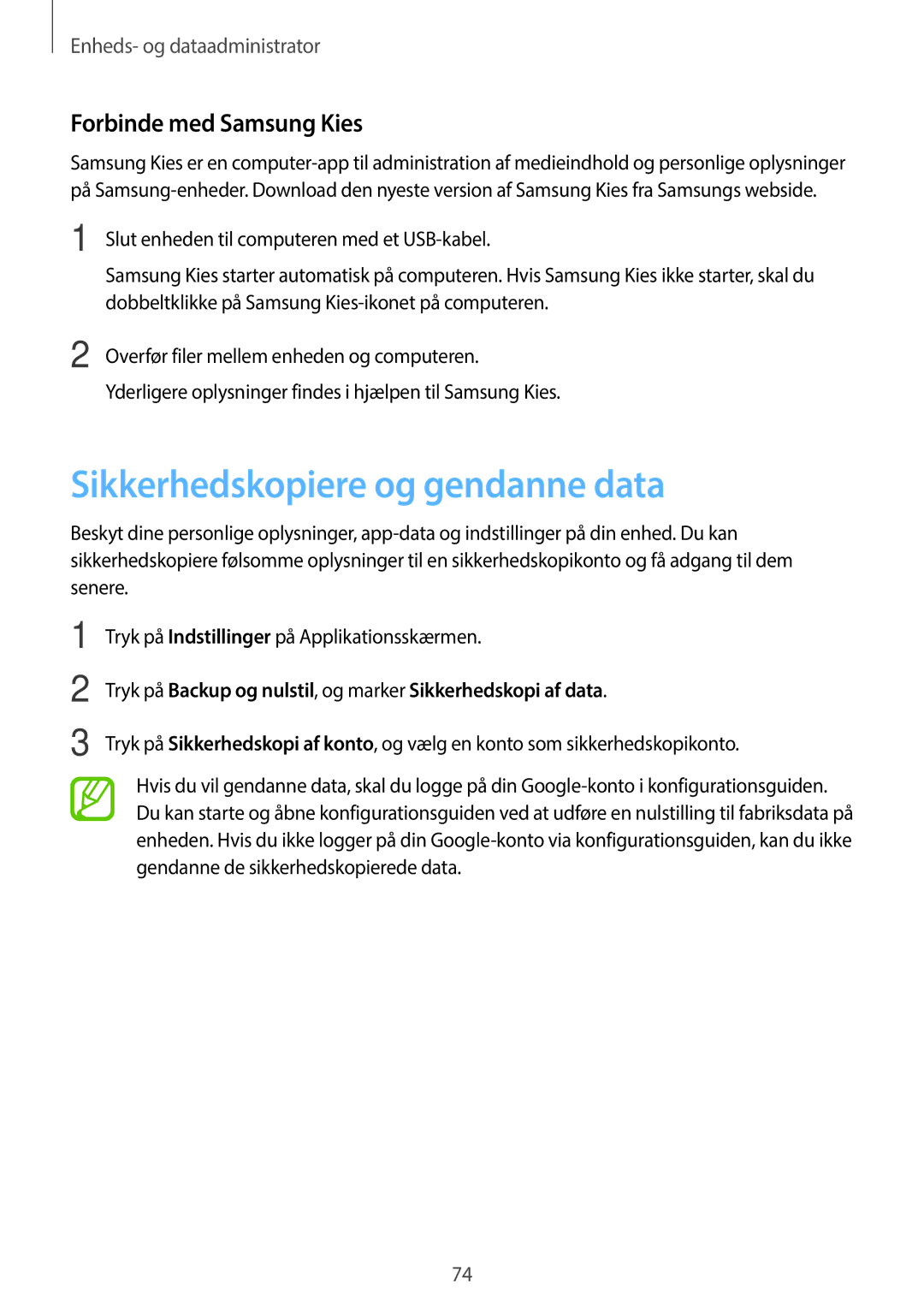 Samsung SM-G360FZSANEE, SM-G360FZWANEE, SM-G360FHAANEE manual Sikkerhedskopiere og gendanne data, Forbinde med Samsung Kies 