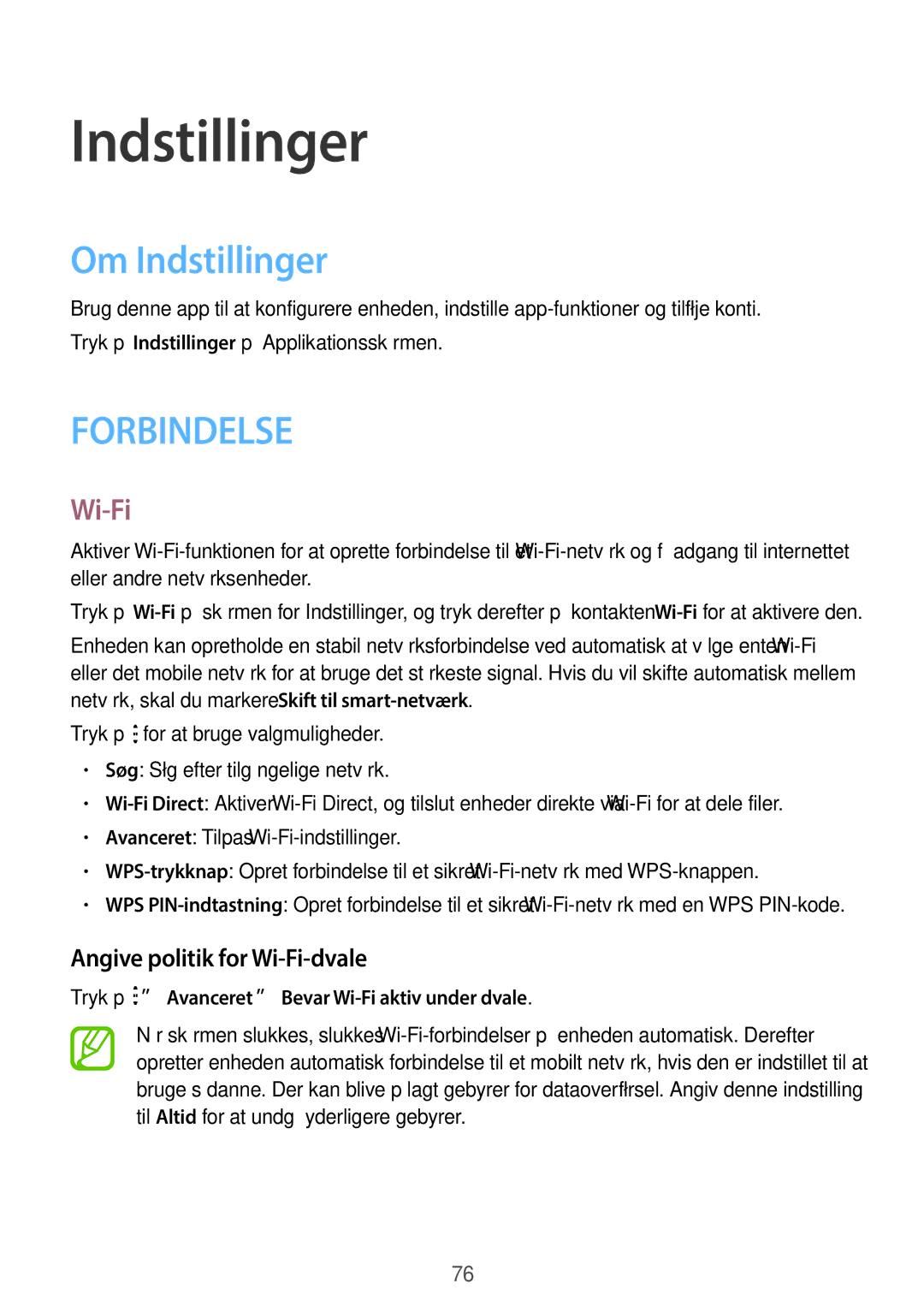 Samsung SM-G360FHAANEE, SM-G360FZWANEE, SM-G360FZSANEE manual Om Indstillinger, Angive politik for Wi-Fi-dvale 