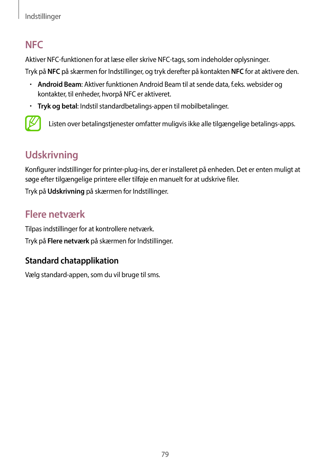 Samsung SM-G360FHAANEE, SM-G360FZWANEE, SM-G360FZSANEE manual Udskrivning, Flere netværk, Standard chatapplikation 