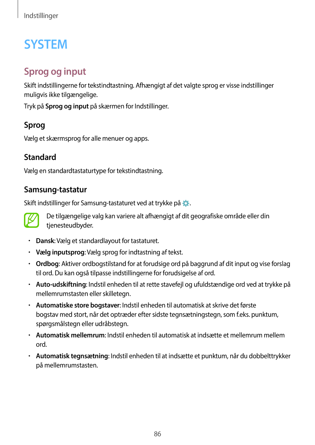 Samsung SM-G360FZSANEE, SM-G360FZWANEE, SM-G360FHAANEE manual Sprog og input, Standard, Samsung-tastatur 