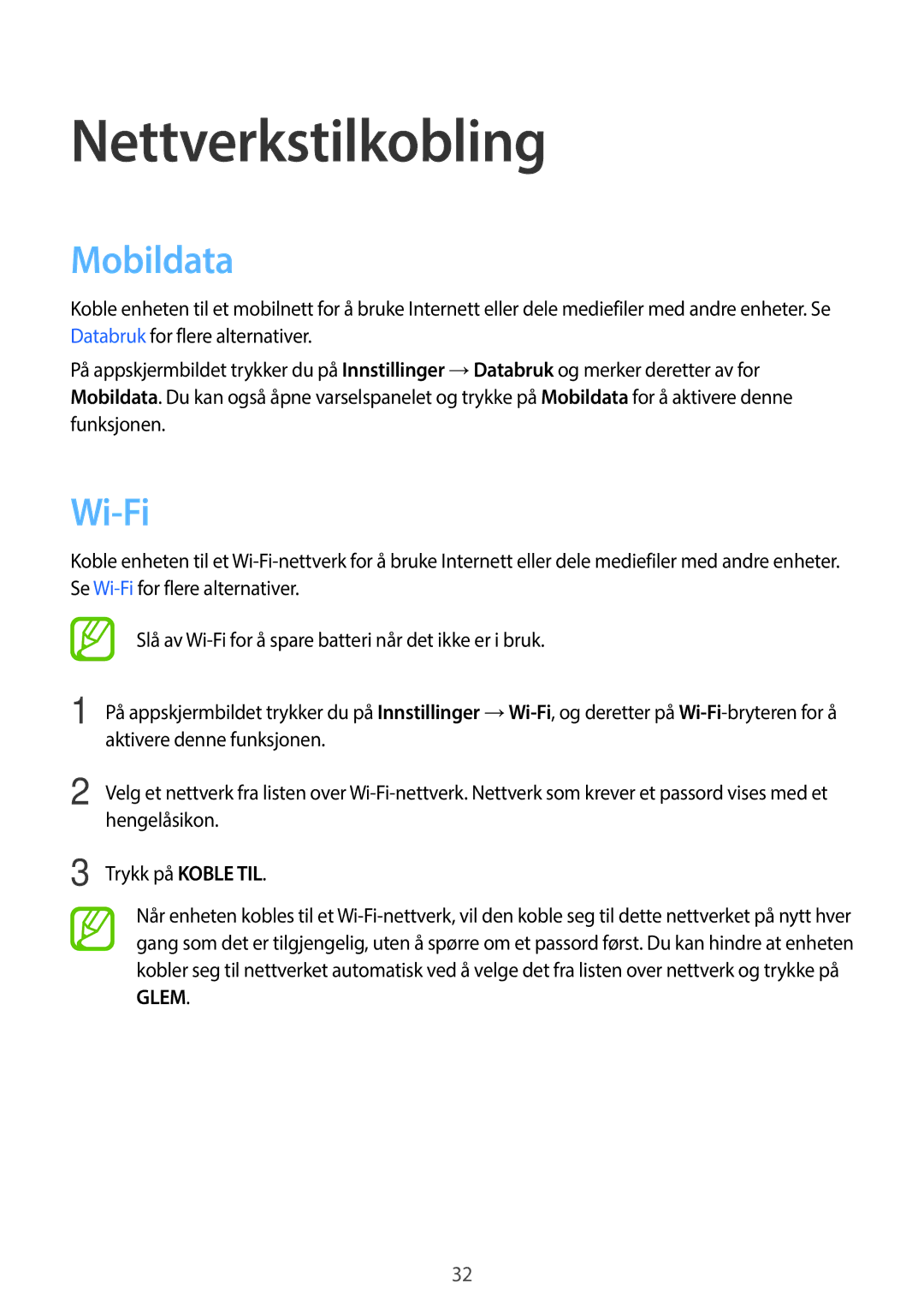 Samsung SM-G360FZSANEE, SM-G360FZWANEE, SM-G360FHAANEE manual Nettverkstilkobling, Mobildata, Wi-Fi 