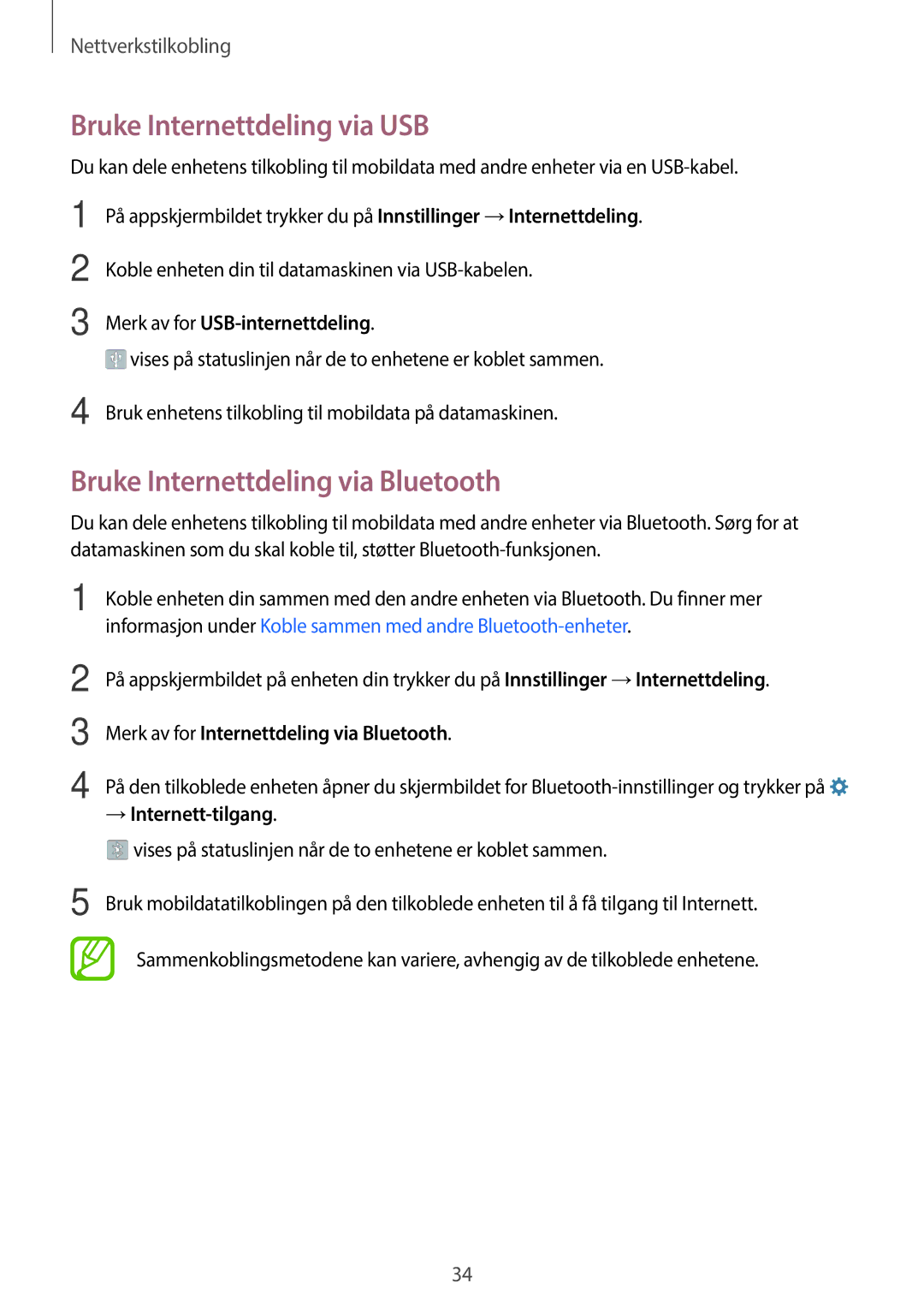 Samsung SM-G360FHAANEE Bruke Internettdeling via USB, Bruke Internettdeling via Bluetooth, Merk av for USB-internettdeling 