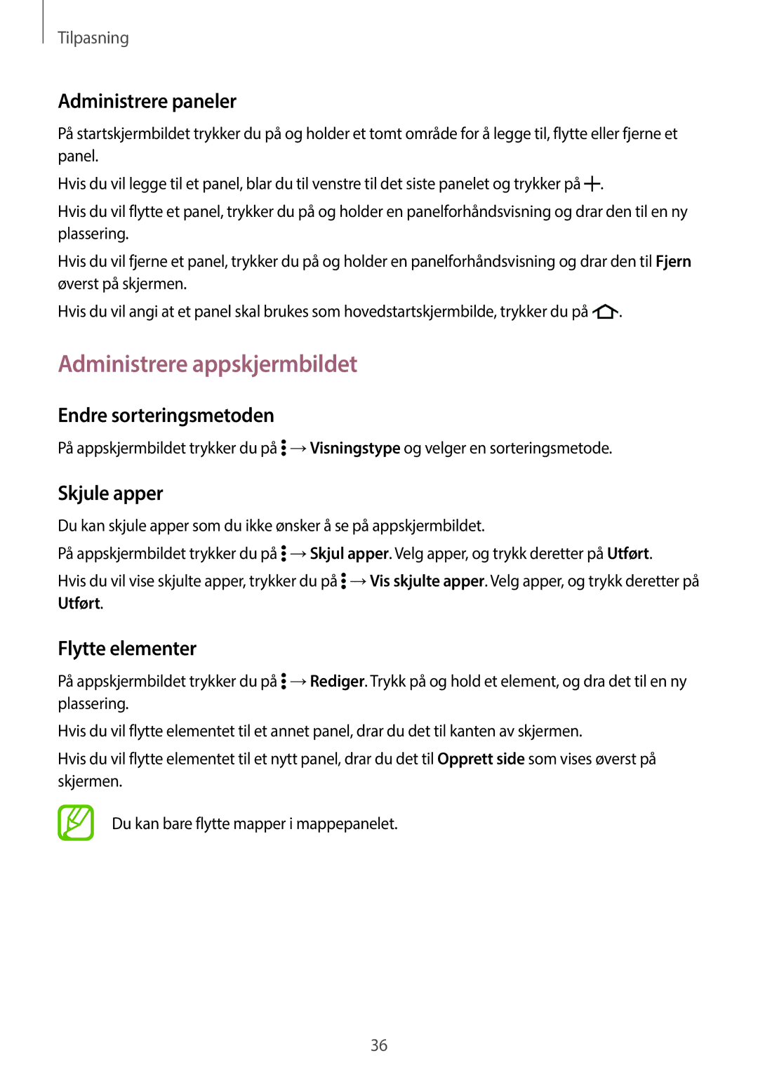 Samsung SM-G360FZWANEE manual Administrere appskjermbildet, Administrere paneler, Endre sorteringsmetoden, Skjule apper 