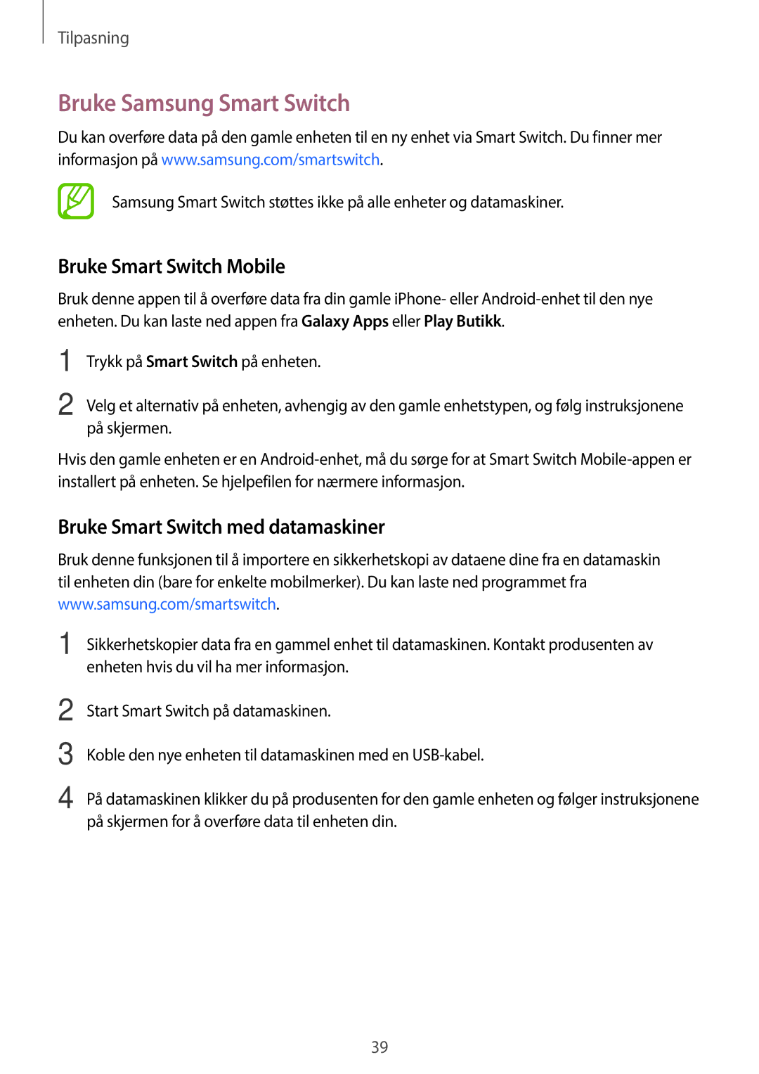 Samsung SM-G360FZWANEE manual Bruke Samsung Smart Switch, Bruke Smart Switch Mobile, Bruke Smart Switch med datamaskiner 