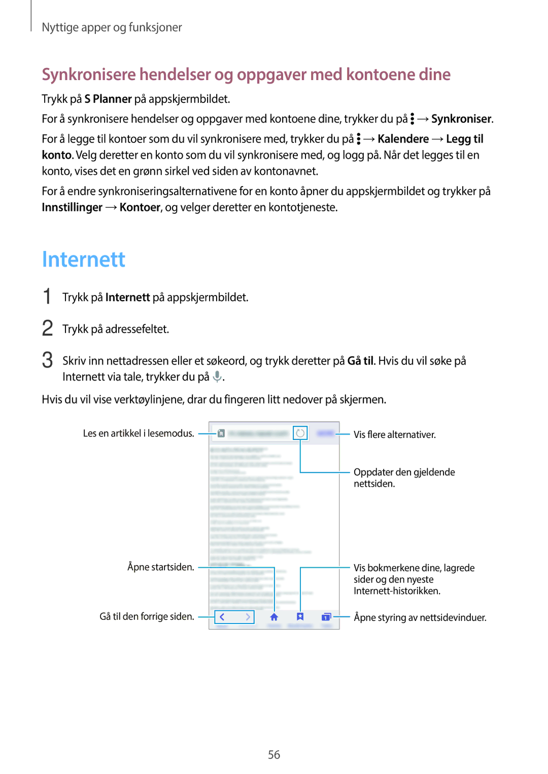 Samsung SM-G360FZSANEE, SM-G360FZWANEE, SM-G360FHAANEE manual Internett, Synkronisere hendelser og oppgaver med kontoene dine 