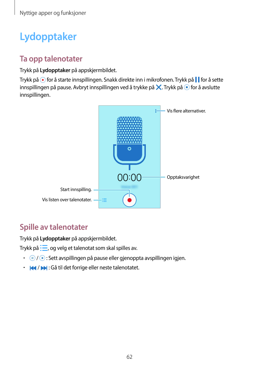 Samsung SM-G360FZSANEE, SM-G360FZWANEE, SM-G360FHAANEE manual Lydopptaker, Ta opp talenotater, Spille av talenotater 