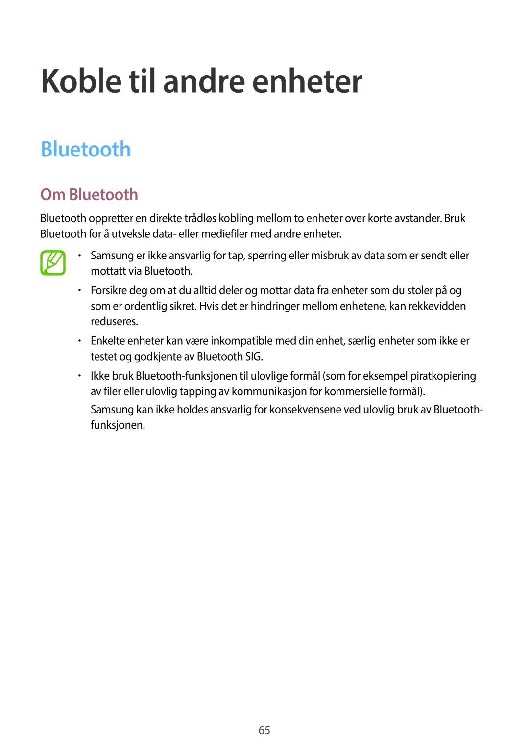 Samsung SM-G360FZSANEE, SM-G360FZWANEE, SM-G360FHAANEE manual Koble til andre enheter, Om Bluetooth 