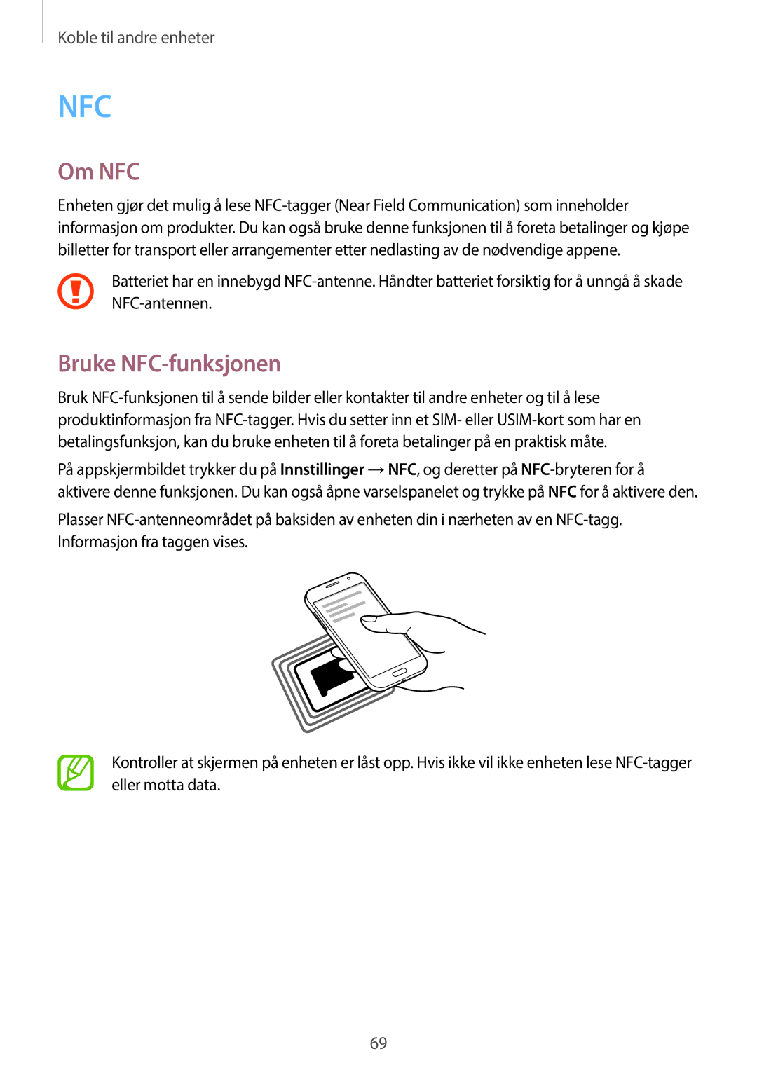 Samsung SM-G360FZWANEE, SM-G360FHAANEE, SM-G360FZSANEE manual Om NFC, Bruke NFC-funksjonen 