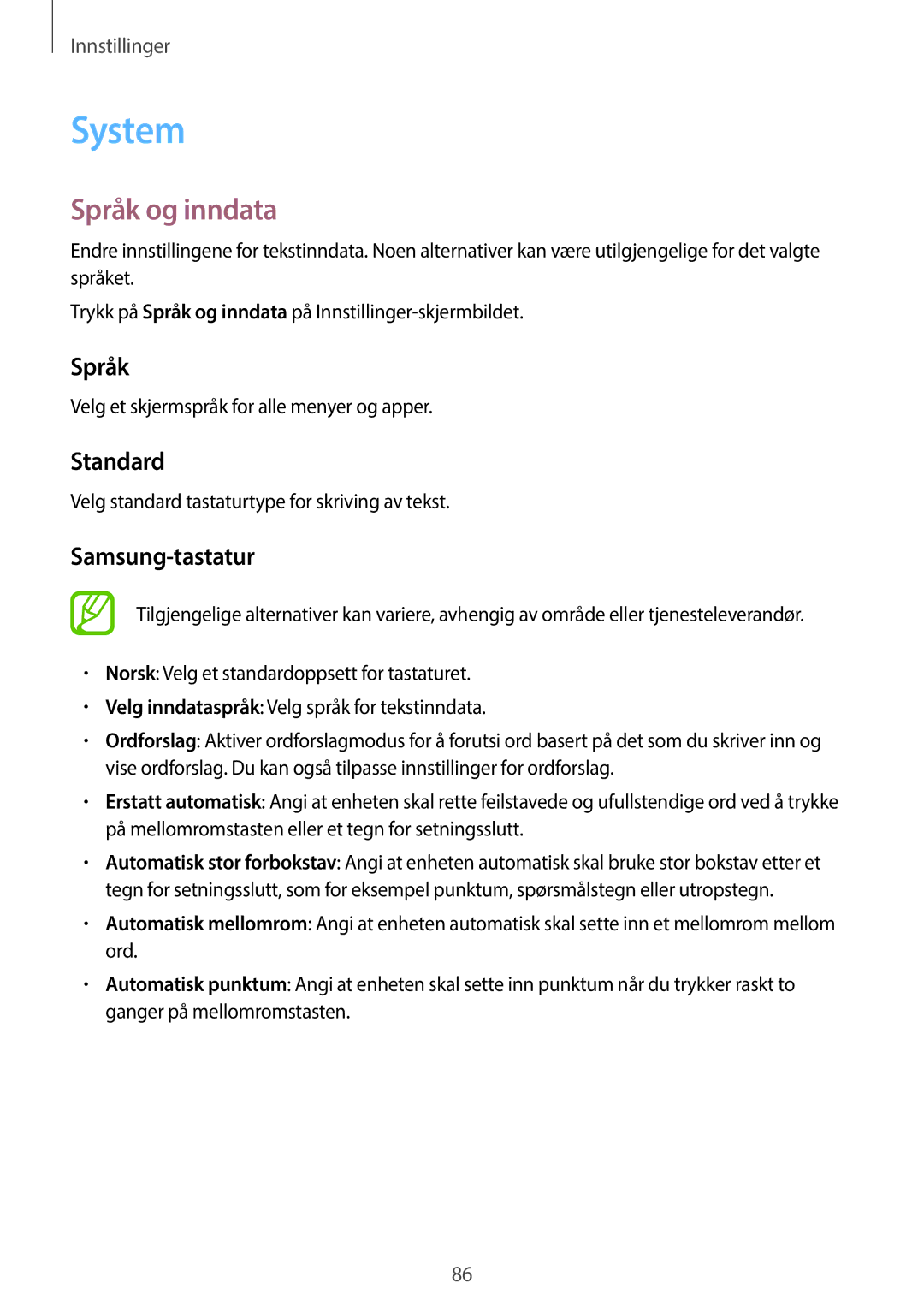 Samsung SM-G360FZSANEE, SM-G360FZWANEE, SM-G360FHAANEE manual System, Språk og inndata, Standard, Samsung-tastatur 