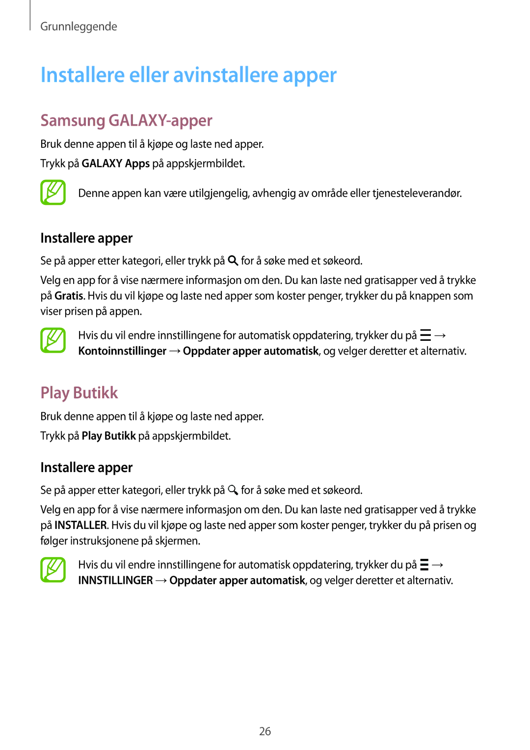 Samsung SM-G360FZSANEE manual Installere eller avinstallere apper, Samsung GALAXY-apper, Play Butikk, Installere apper 