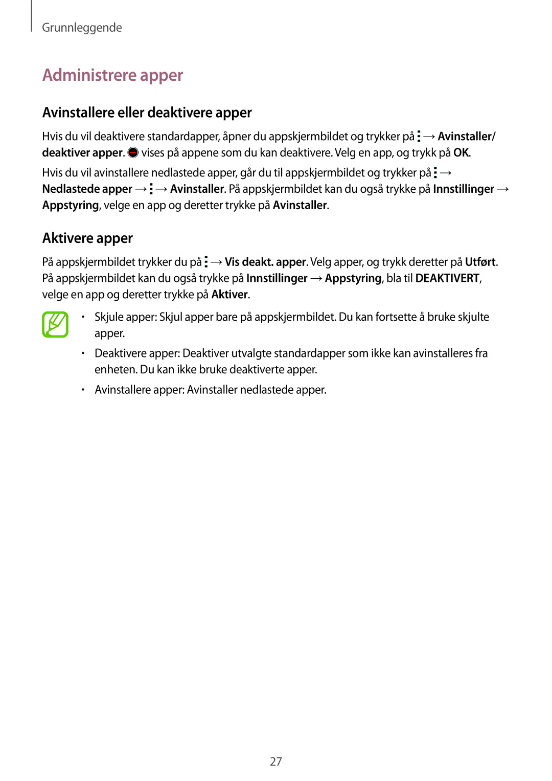 Samsung SM-G360FZWANEE, SM-G360FHAANEE manual Administrere apper, Avinstallere eller deaktivere apper, Aktivere apper 