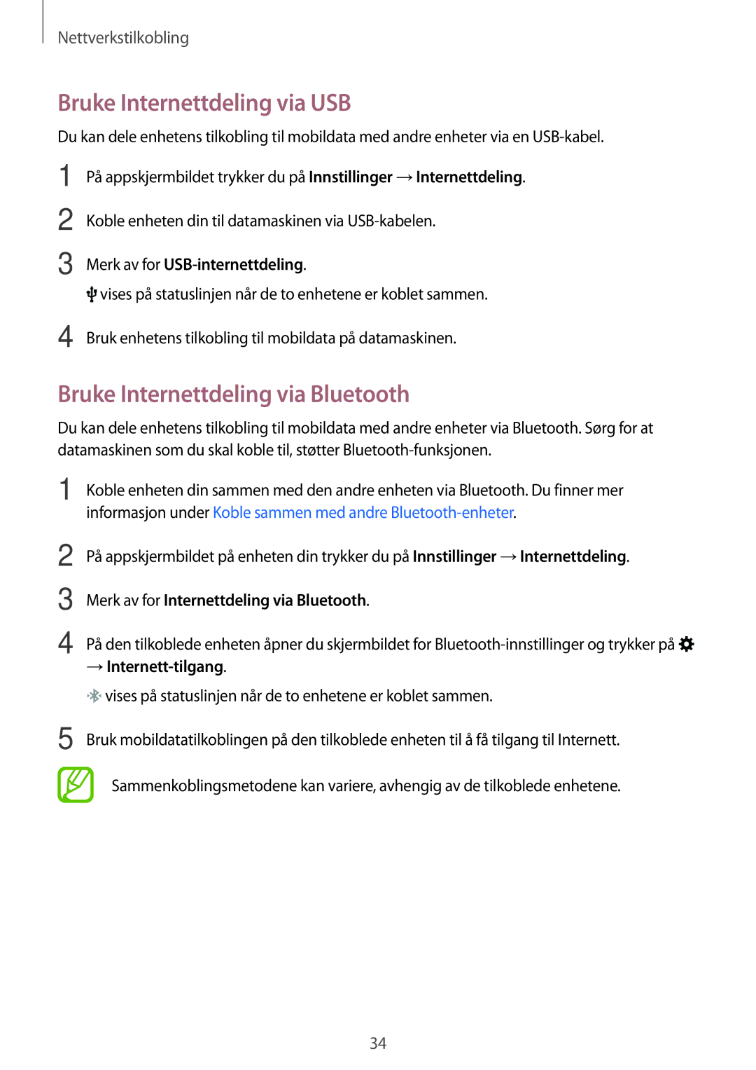 Samsung SM-G360FHAANEE Bruke Internettdeling via USB, Bruke Internettdeling via Bluetooth, Merk av for USB-internettdeling 