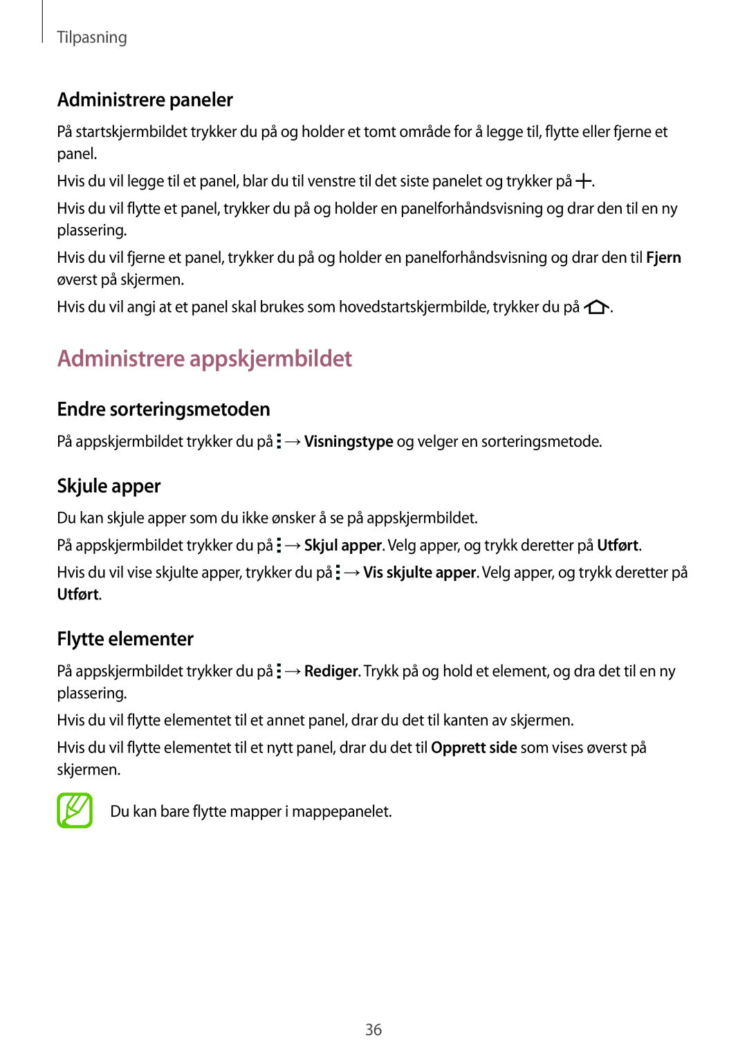 Samsung SM-G360FZWANEE manual Administrere appskjermbildet, Administrere paneler, Endre sorteringsmetoden, Skjule apper 