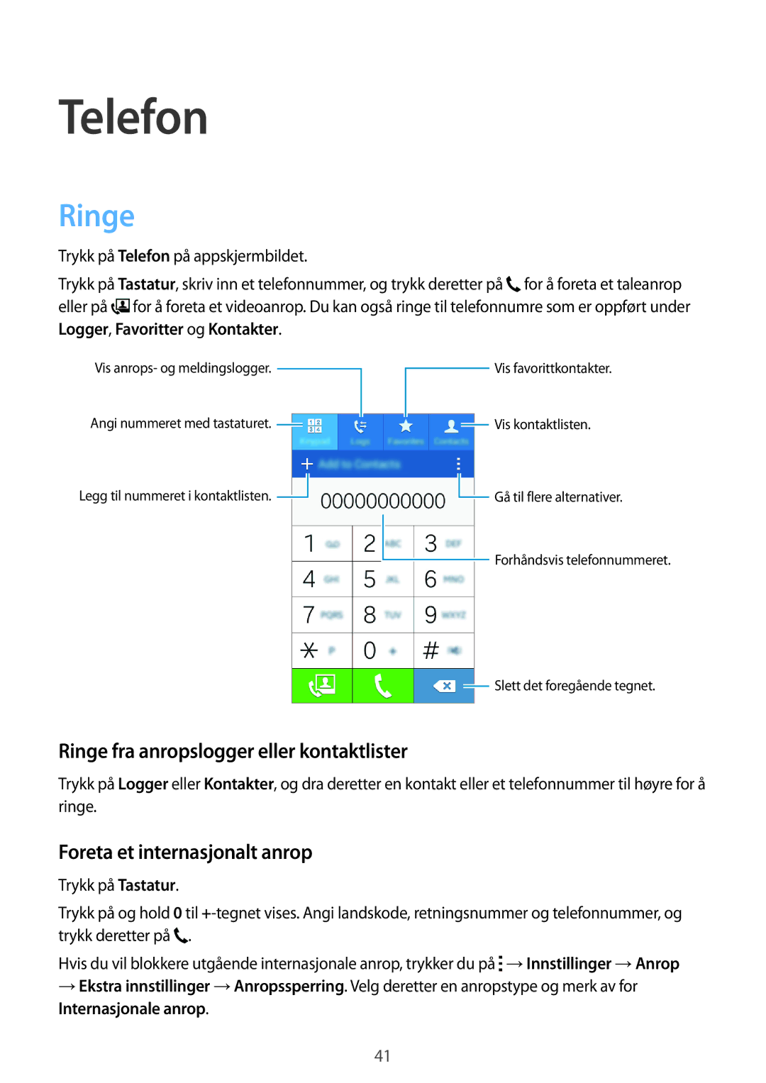 Samsung SM-G360FZSANEE manual Telefon, Ringe fra anropslogger eller kontaktlister, Foreta et internasjonalt anrop 