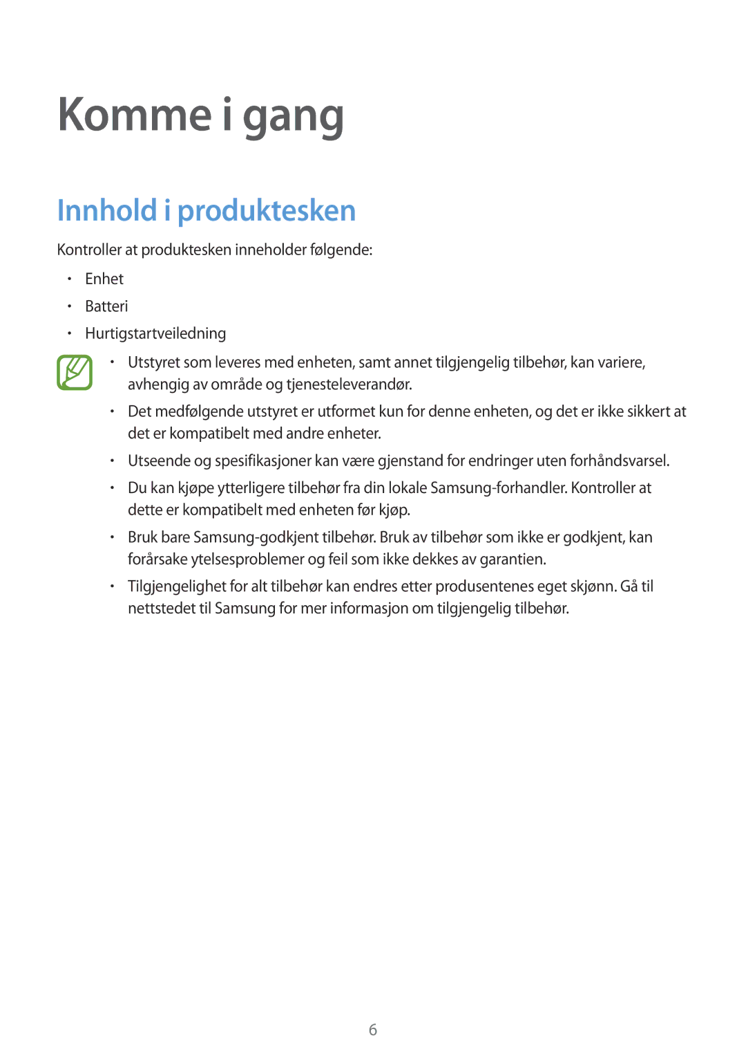 Samsung SM-G360FZWANEE, SM-G360FHAANEE, SM-G360FZSANEE manual Komme i gang, Innhold i produktesken 