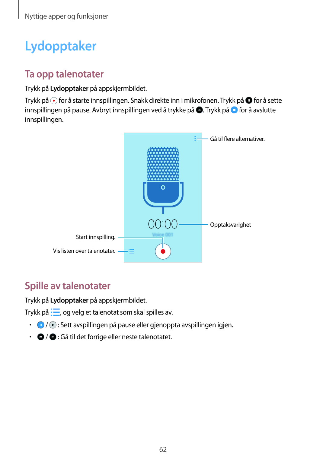 Samsung SM-G360FZSANEE, SM-G360FZWANEE, SM-G360FHAANEE manual Lydopptaker, Ta opp talenotater, Spille av talenotater 