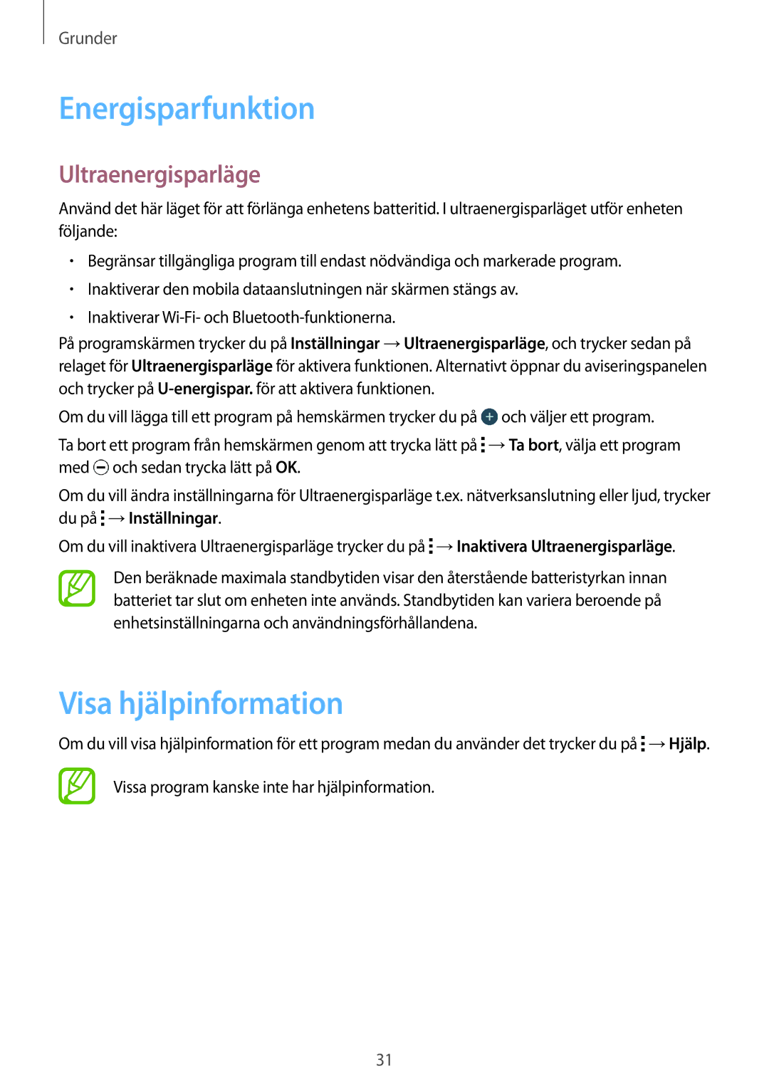 Samsung SM-G360FHAANEE, SM-G360FZWANEE, SM-G360FZSANEE manual Energisparfunktion, Visa hjälpinformation, Ultraenergisparläge 