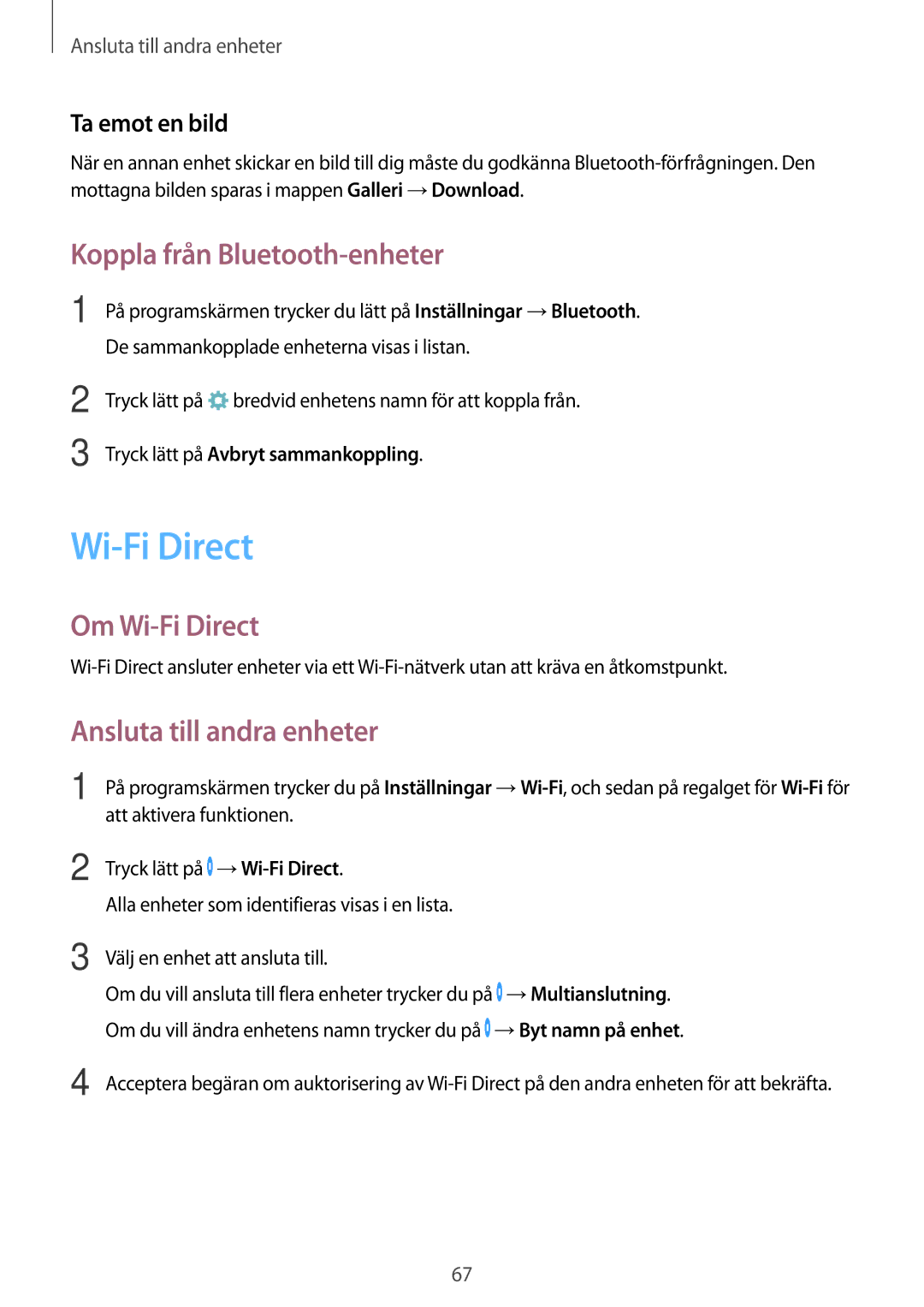 Samsung SM-G360FHAANEE Koppla från Bluetooth-enheter, Om Wi-Fi Direct, Ansluta till andra enheter, Ta emot en bild 