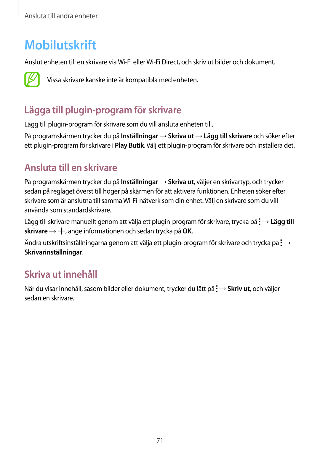 Samsung SM-G360FZSANEE Mobilutskrift, Lägga till plugin-program för skrivare, Ansluta till en skrivare, Skriva ut innehåll 