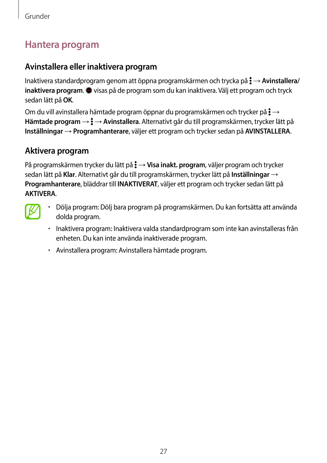 Samsung SM-G360FZWANEE, SM-G360FHAANEE manual Hantera program, Avinstallera eller inaktivera program, Aktivera program 