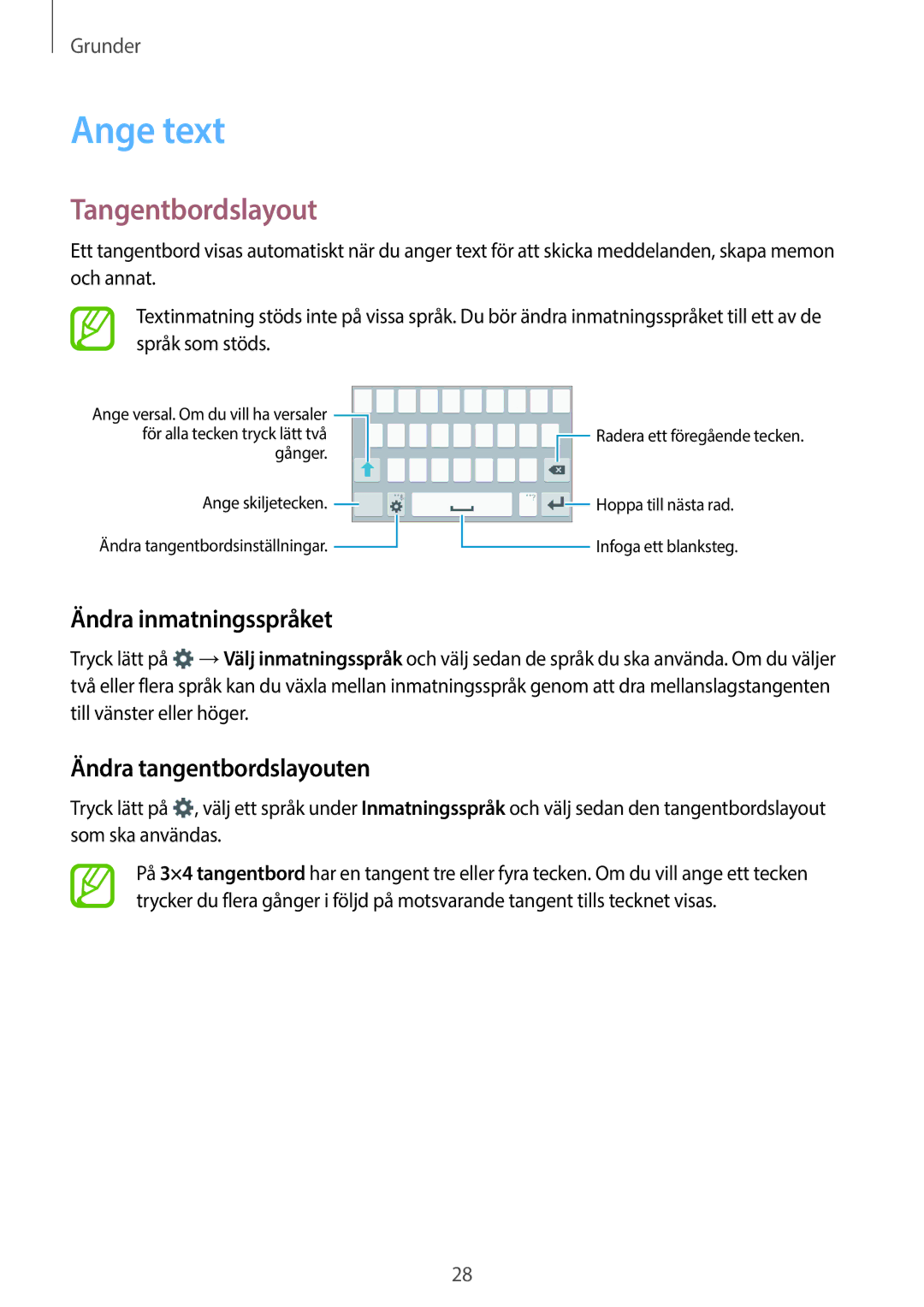 Samsung SM-G360FHAANEE, SM-G360FZWANEE Ange text, Tangentbordslayout, Ändra inmatningsspråket, Ändra tangentbordslayouten 