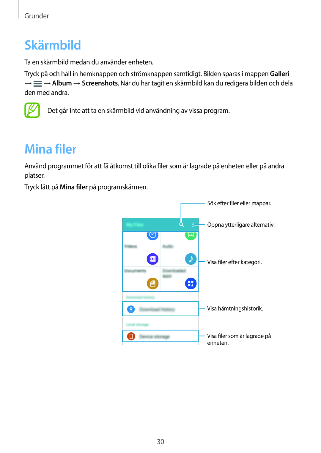 Samsung SM-G360FZWANEE, SM-G360FHAANEE, SM-G360FZSANEE manual Skärmbild, Mina filer 