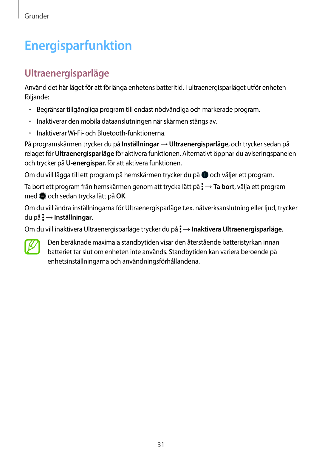 Samsung SM-G360FHAANEE, SM-G360FZWANEE, SM-G360FZSANEE manual Energisparfunktion, Ultraenergisparläge 