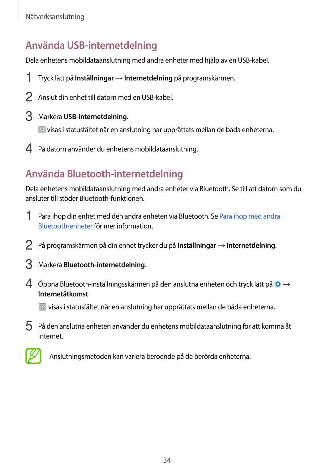 Samsung SM-G360FHAANEE manual Använda USB-internetdelning, Använda Bluetooth-internetdelning, Markera USB-internetdelning 