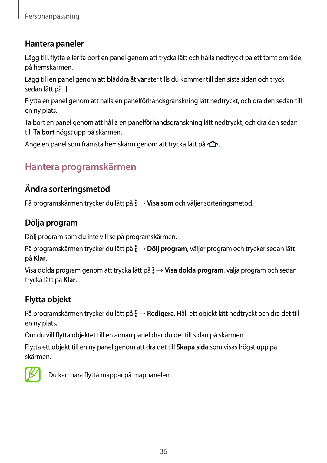 Samsung SM-G360FZWANEE manual Hantera programskärmen, Hantera paneler, Ändra sorteringsmetod, Dölja program, Flytta objekt 