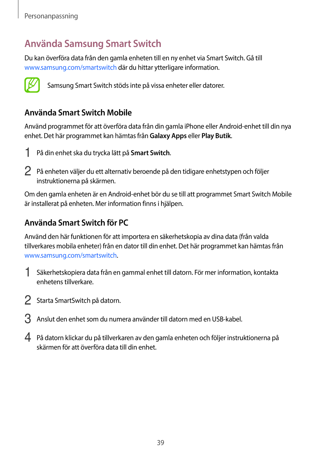 Samsung SM-G360FZWANEE manual Använda Samsung Smart Switch, Använda Smart Switch Mobile, Använda Smart Switch för PC 