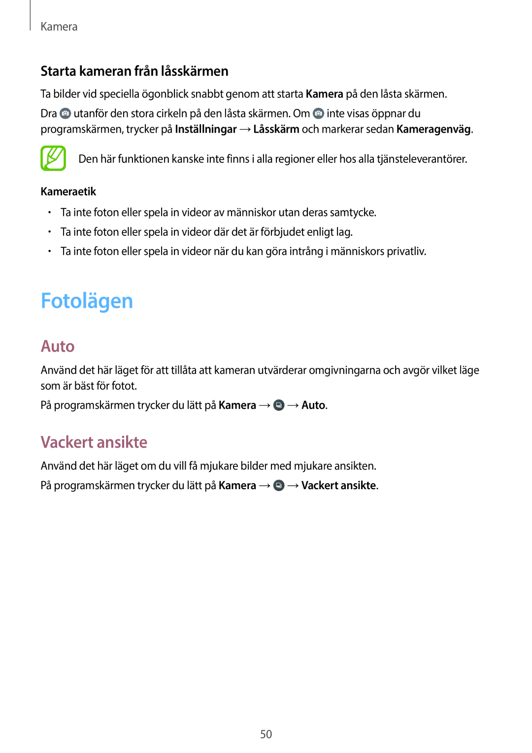 Samsung SM-G360FZSANEE, SM-G360FZWANEE manual Fotolägen, Auto, Vackert ansikte, Starta kameran från låsskärmen, Kameraetik 