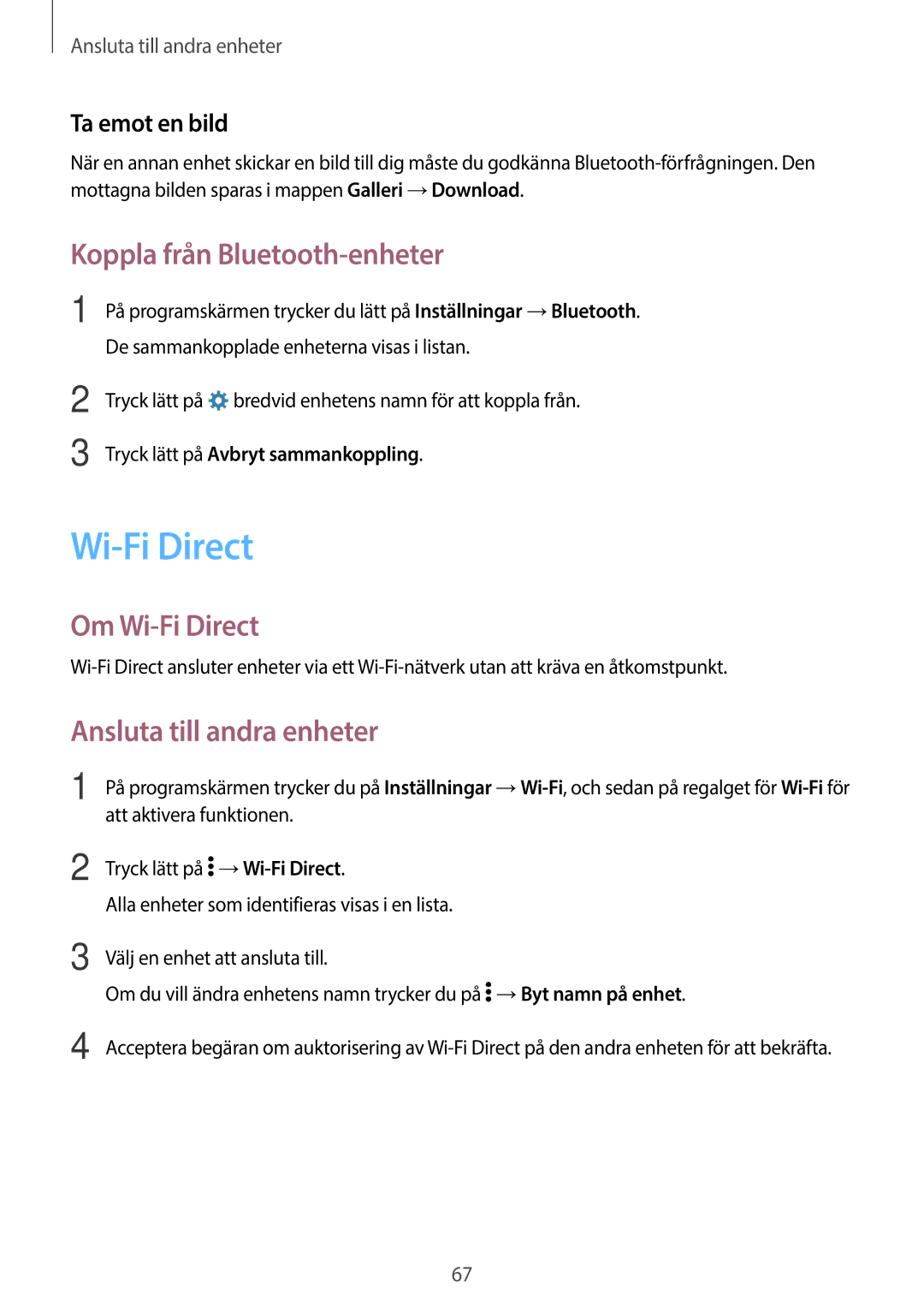 Samsung SM-G360FHAANEE Koppla från Bluetooth-enheter, Om Wi-Fi Direct, Ansluta till andra enheter, Ta emot en bild 