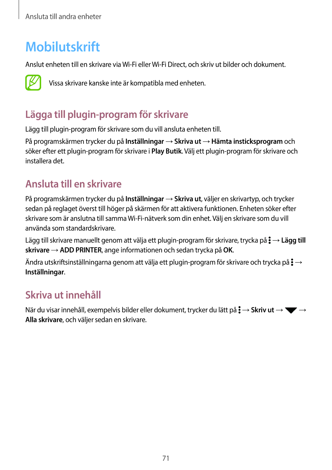 Samsung SM-G360FZSANEE Mobilutskrift, Lägga till plugin-program för skrivare, Ansluta till en skrivare, Skriva ut innehåll 